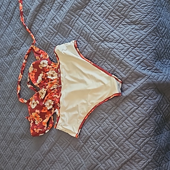 Red, pink, white one piece cutout bathing suit brand and size unknown - Picture 5 of 5